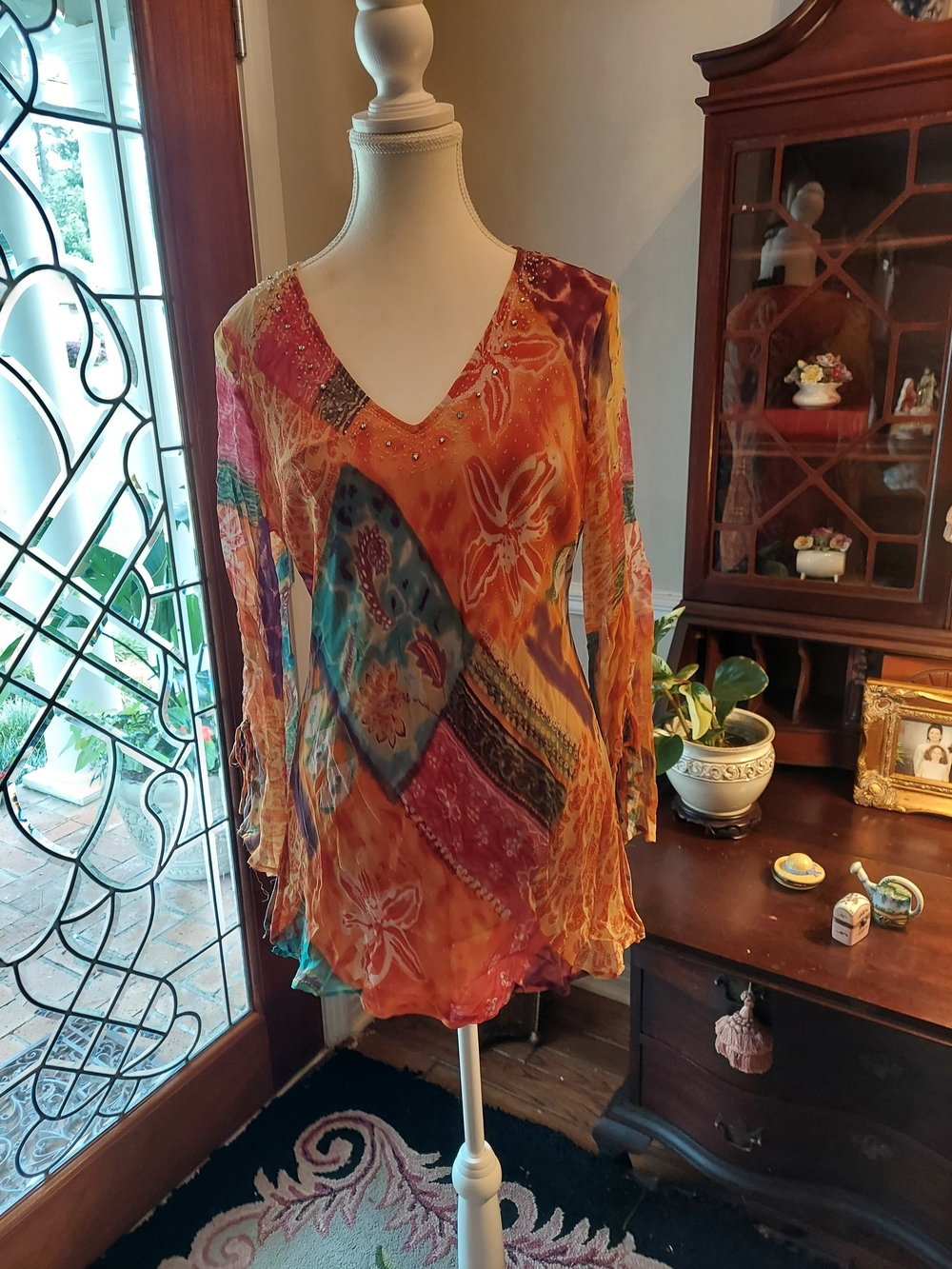 V-Neck Multicolor Patchwork Boho Tunic - Orange Mix